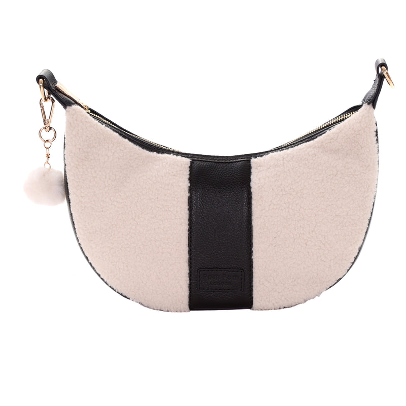 Sutton Sling Faux Fleece & Leather Bag Black-Pom Pom London