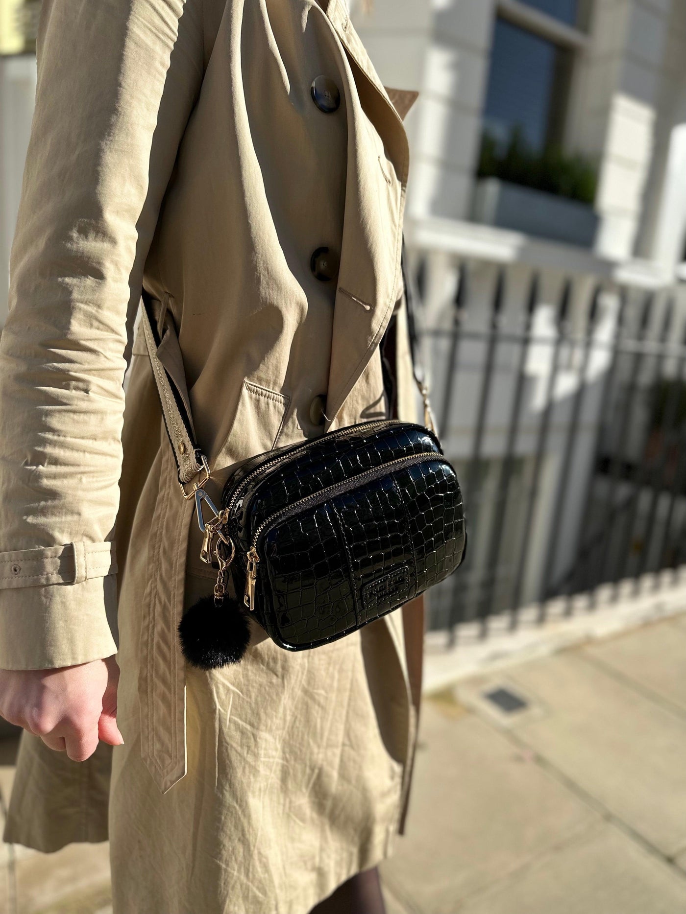 Mayfair Bag Patent Croc Black & Accessories - Pom Pom London