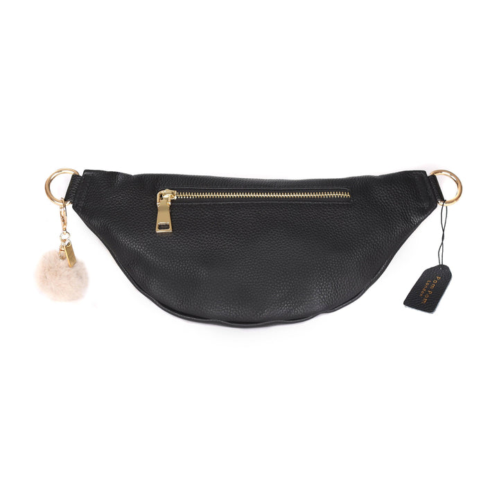 Bum Bag Leather Crossbody bag in Black Pom Pom London