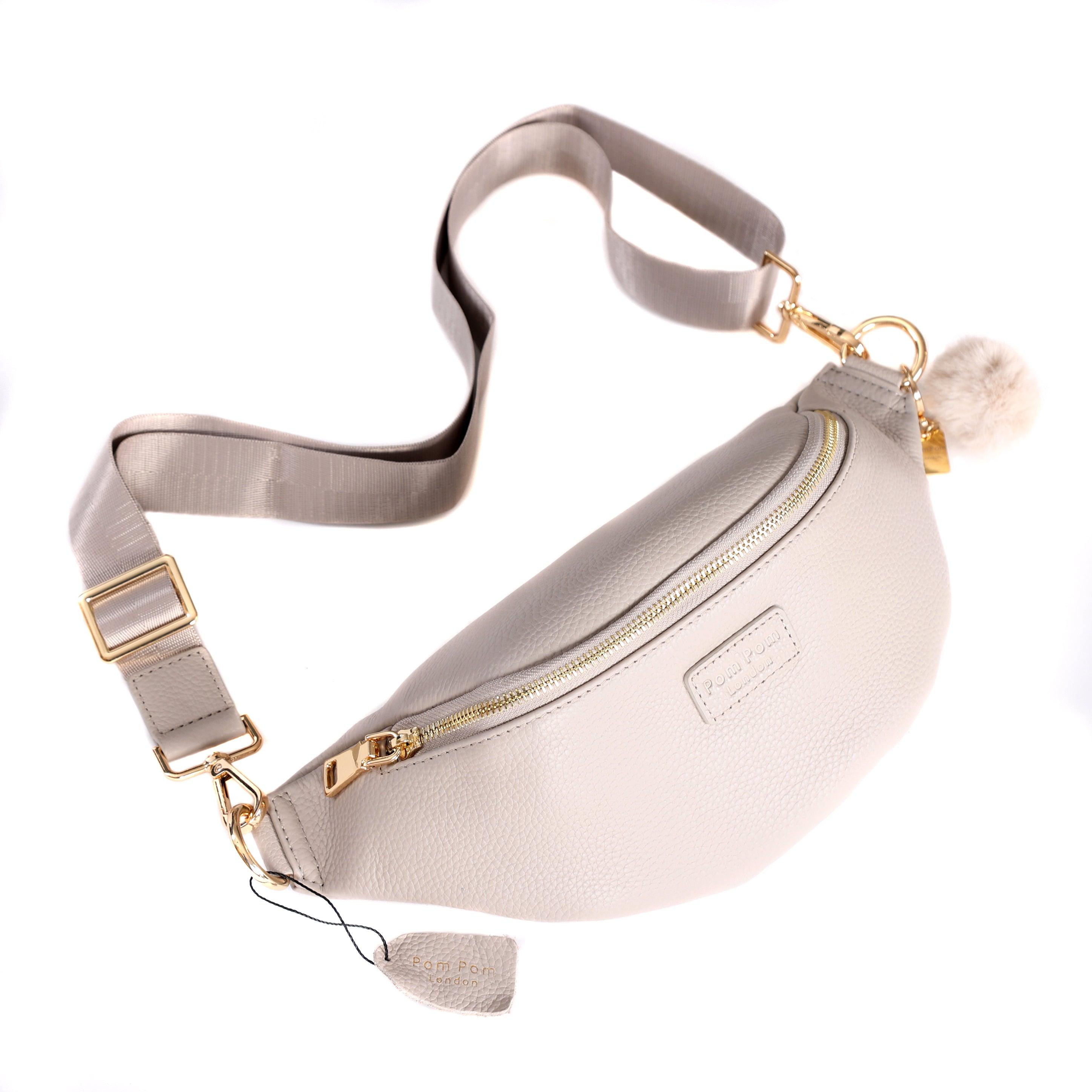 Cream Leather Bum Bag for Women With 2 Straps and Silver 